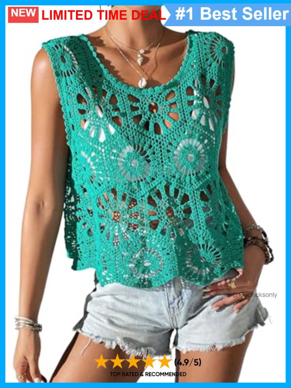 Boho Open Knit Crochet Tank Top Scoop Neck Scalloped Hem Beachwear